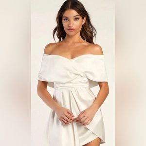 Lulu’s Always Celebrating Ivory Satin Off-the-Shoulder Mini Dress
